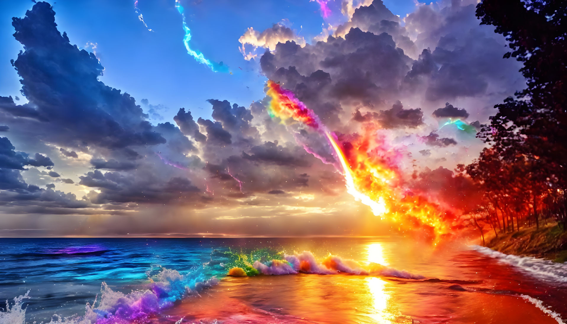 Digitally-altered sunset with multicolored light effects over a beach