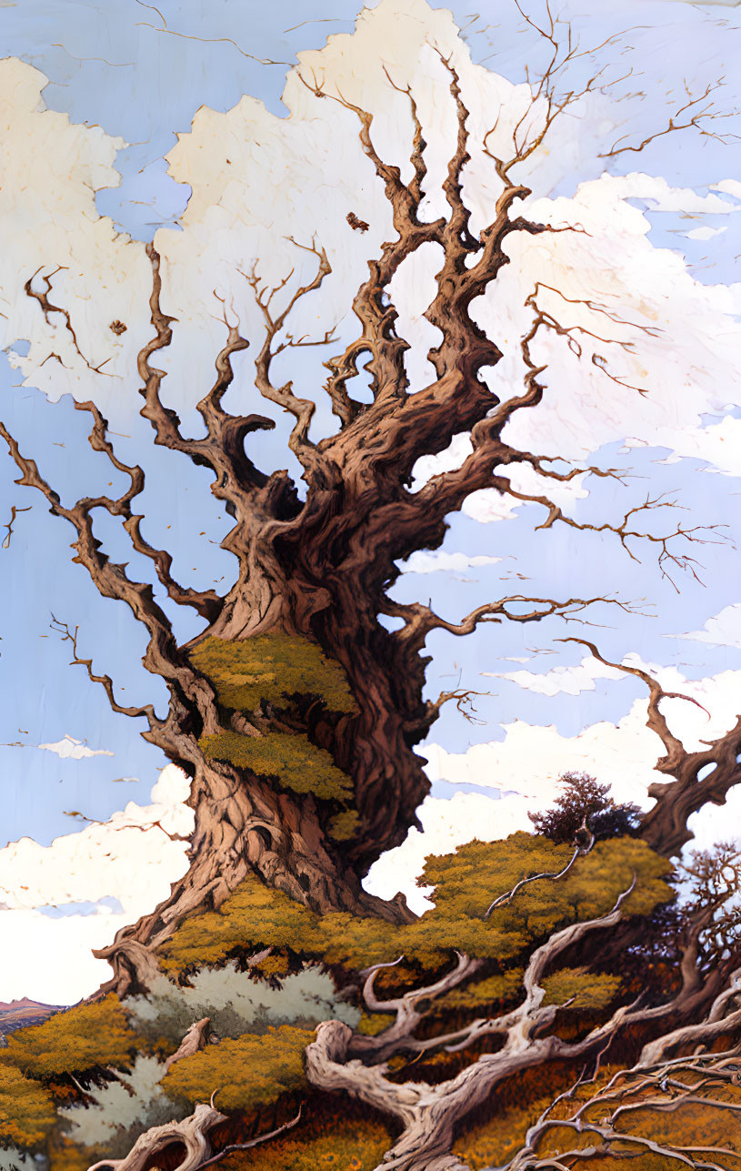 Detailed depiction of ancient tree against peeling paint sky