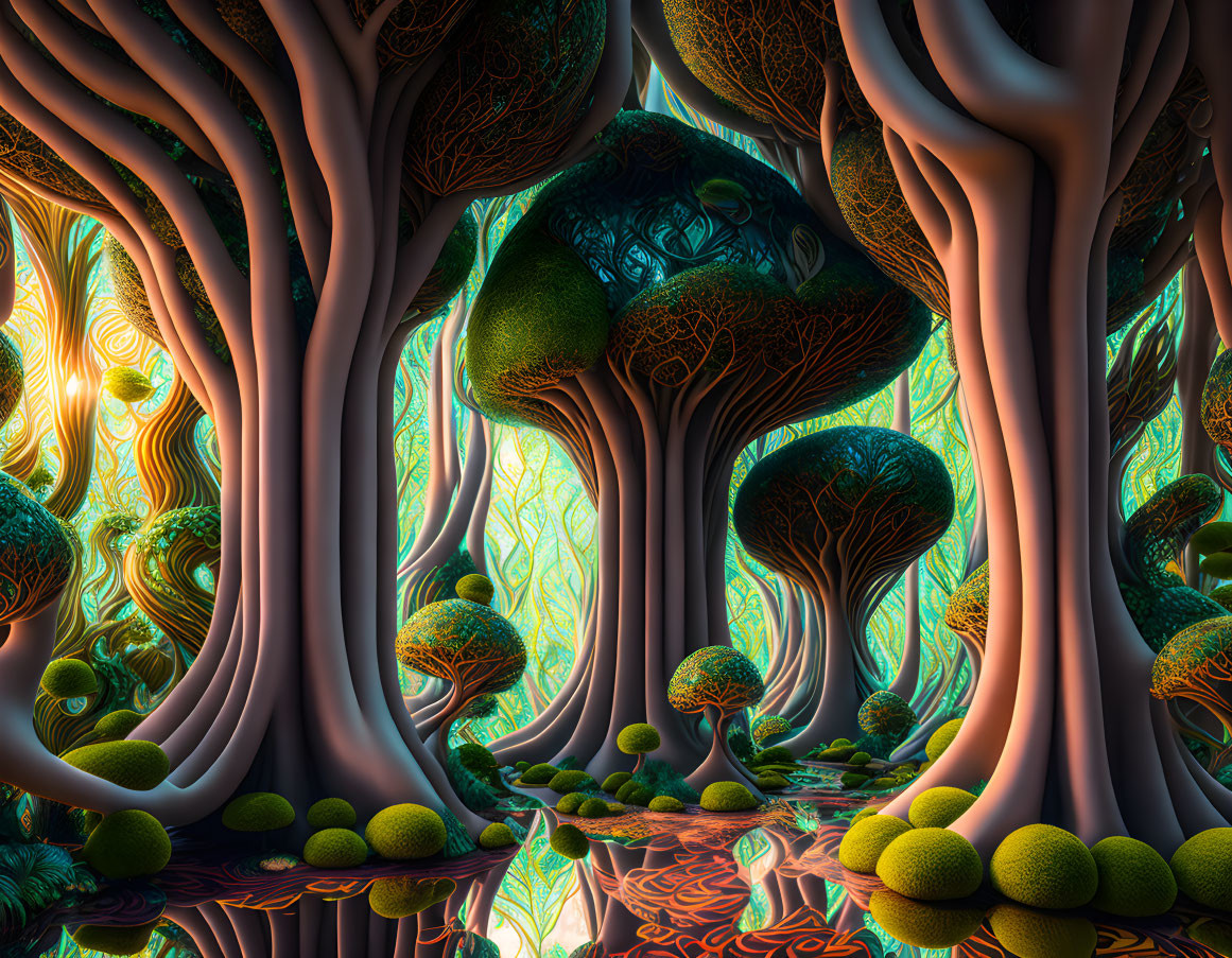 Vibrant alien-like forest with mesmerizing foliage patterns