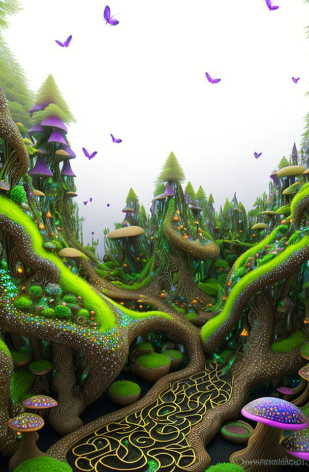 Enchanted forest with glowing trees, luminescent mushrooms, and purple butterflies