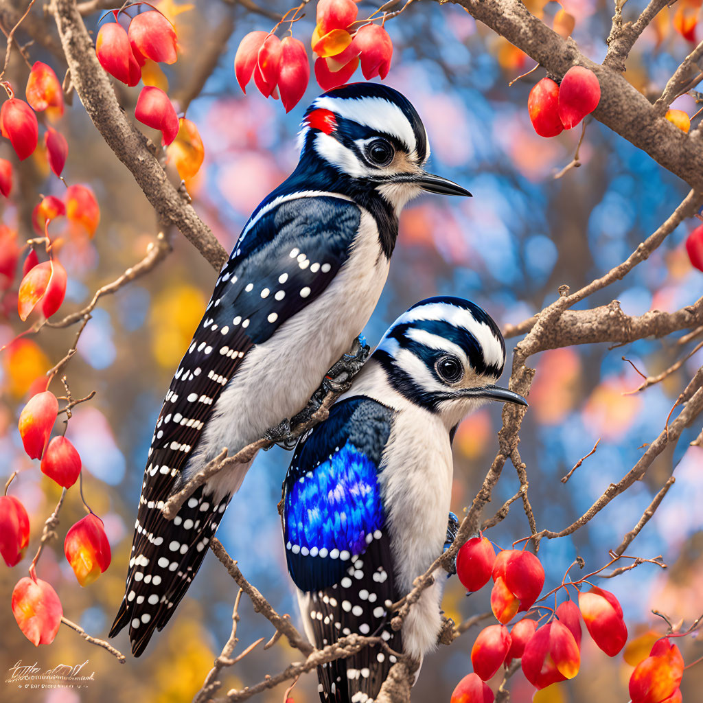 Woodpeckers perched on twig with red berries and autumn leaves in soft-focus.