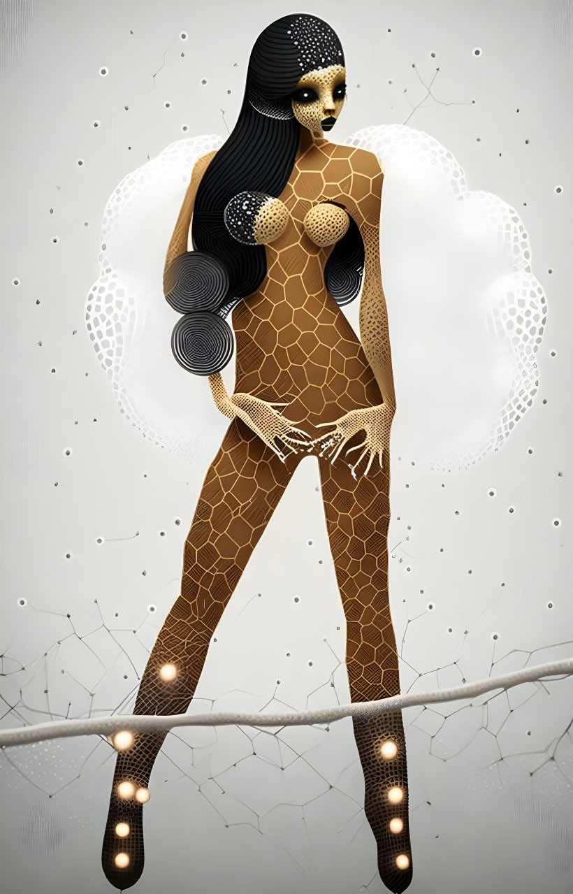 Surreal digital artwork: humanoid figure on wire with patterned skin