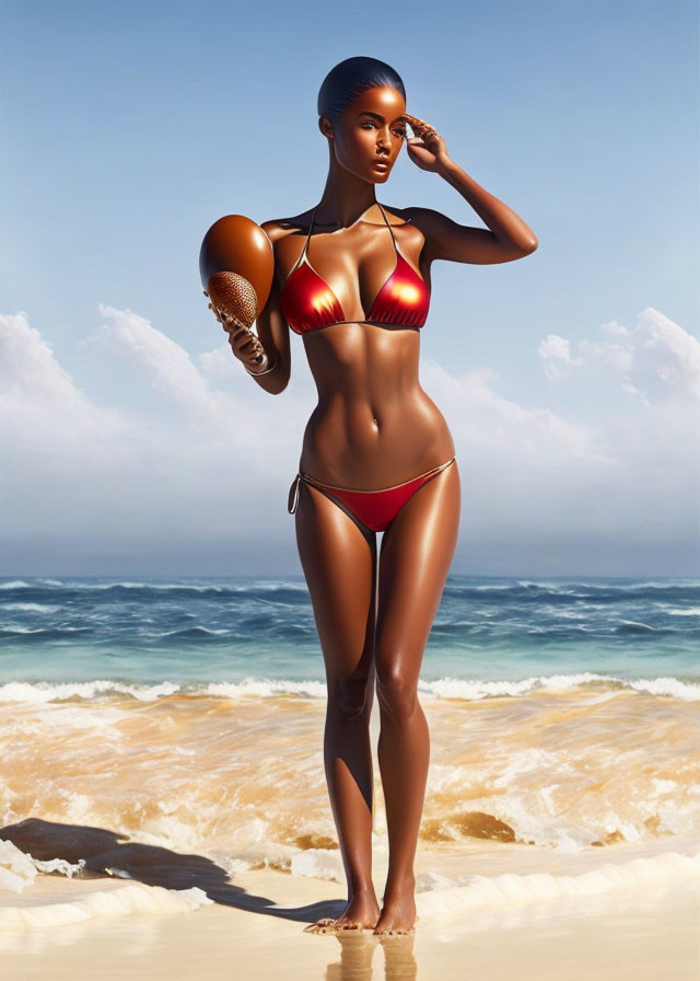 Woman in Red Bikini with Football on Beach Shore