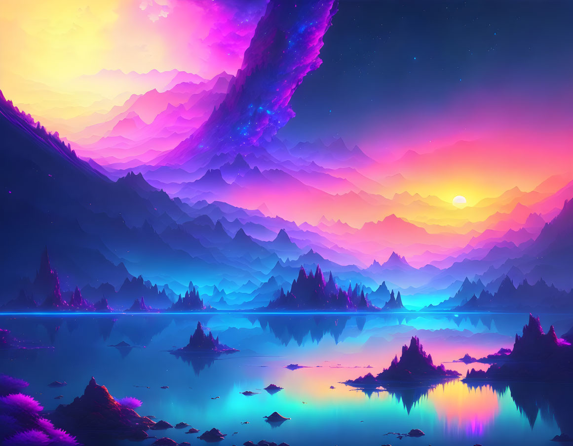 Surreal landscape with layered mountains, luminous river, radiant skies, and setting sun