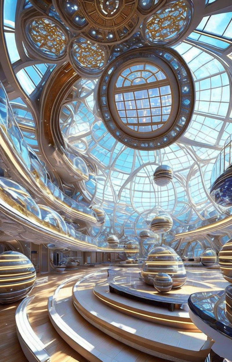 Grand atrium and spherical structures in futuristic interior design.