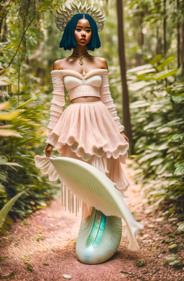 Blue-haired woman in forest with crown, pastel dress, and mermaid tail bottom.