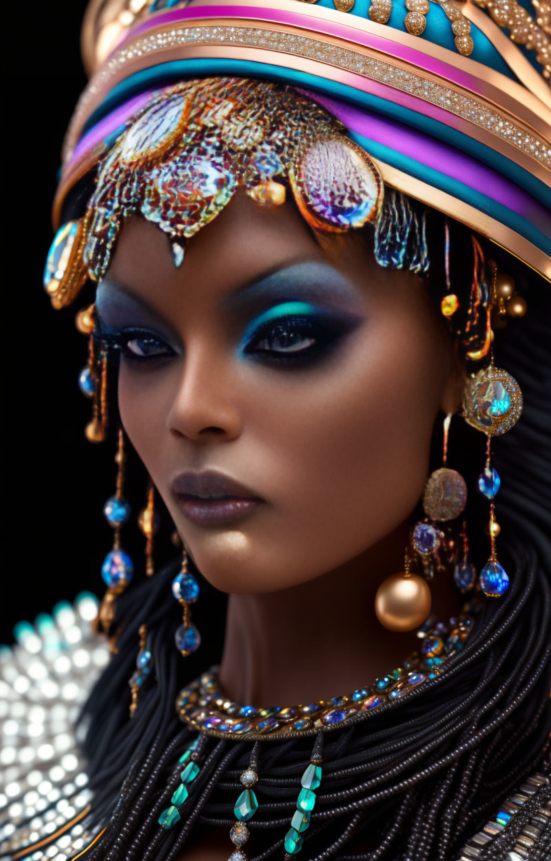 Colorful Beaded Headdress with Dramatic Makeup