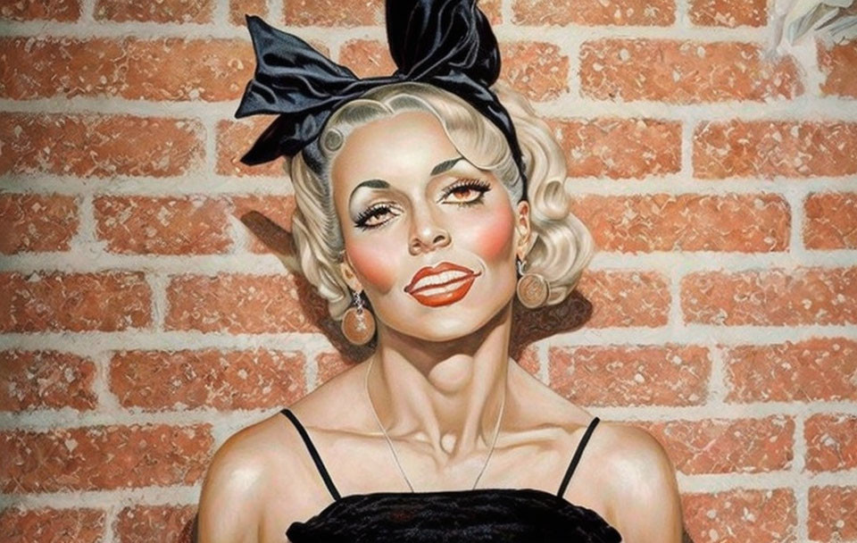 Blonde Woman in Black Dress and Headband Against Brick Wall