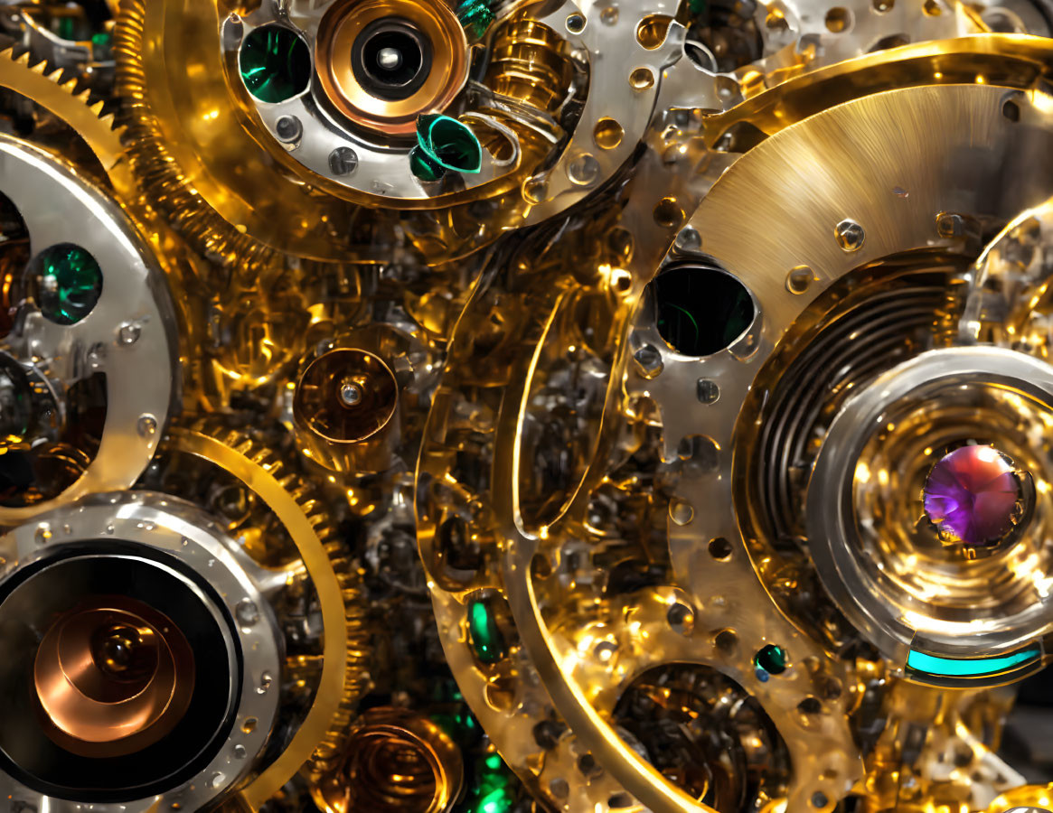 Detailed view of golden gears and mechanical parts showcasing sophisticated machinery.