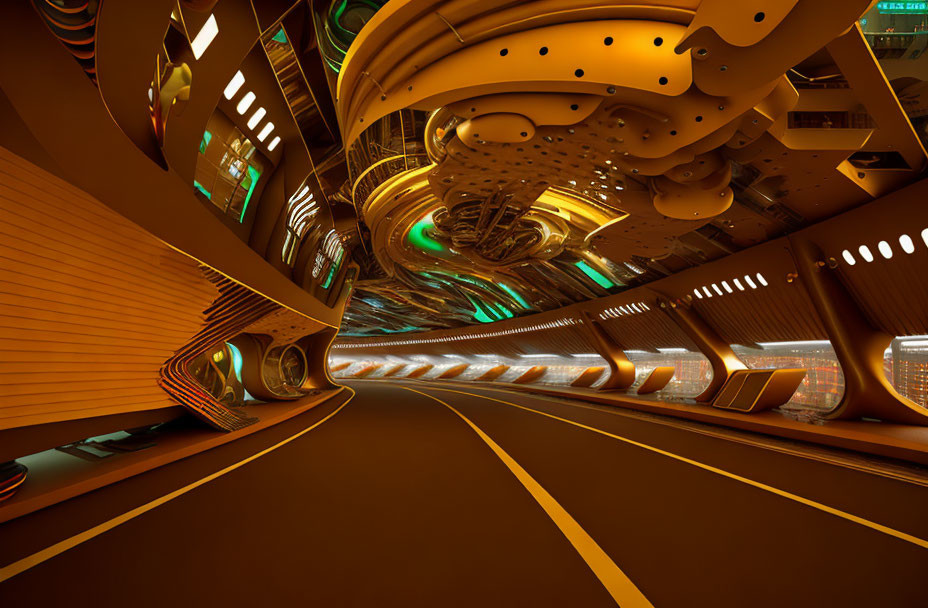 Futuristic Tunnel with Green and Orange Lights