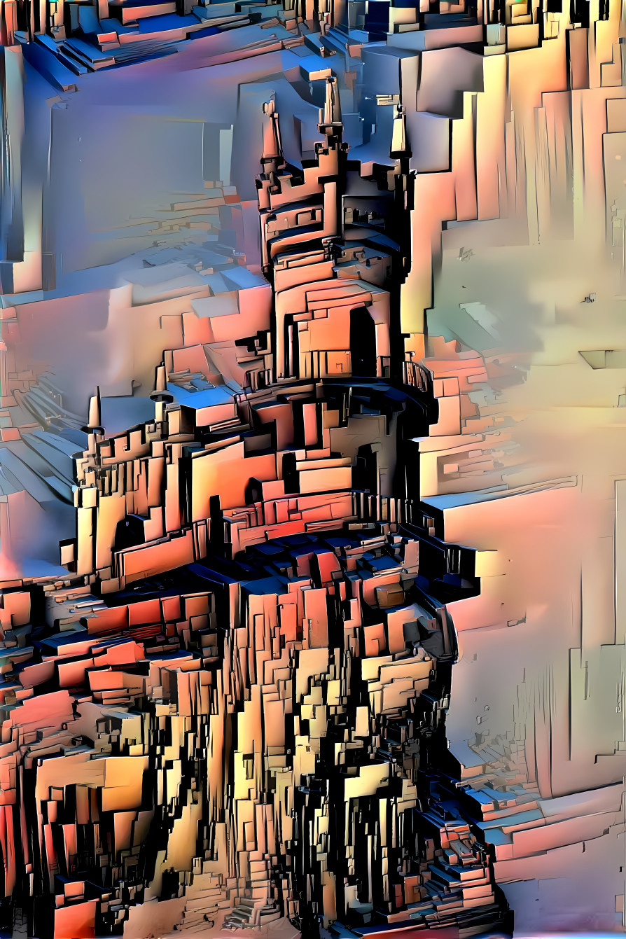 castle on hill, geometric orange, red, beige