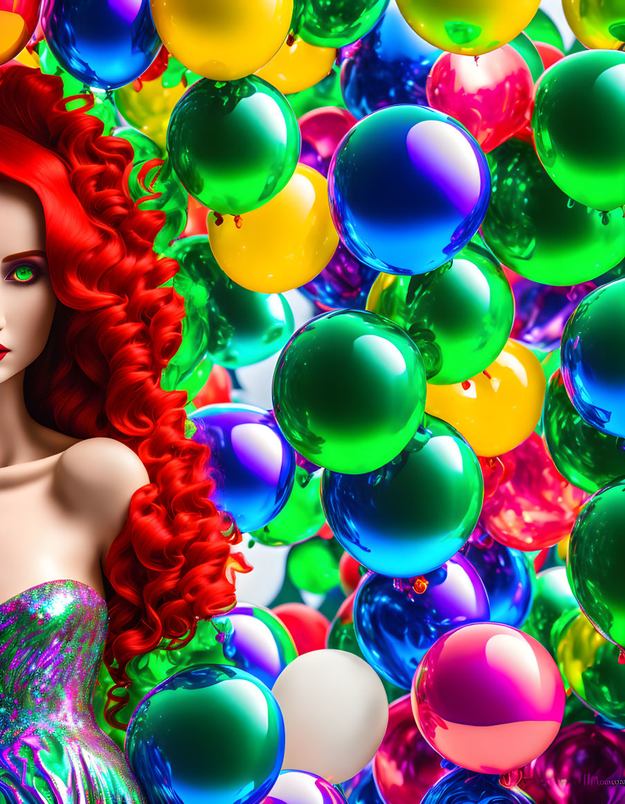 Vibrant red-haired woman in colorful dress behind multicolored balloons