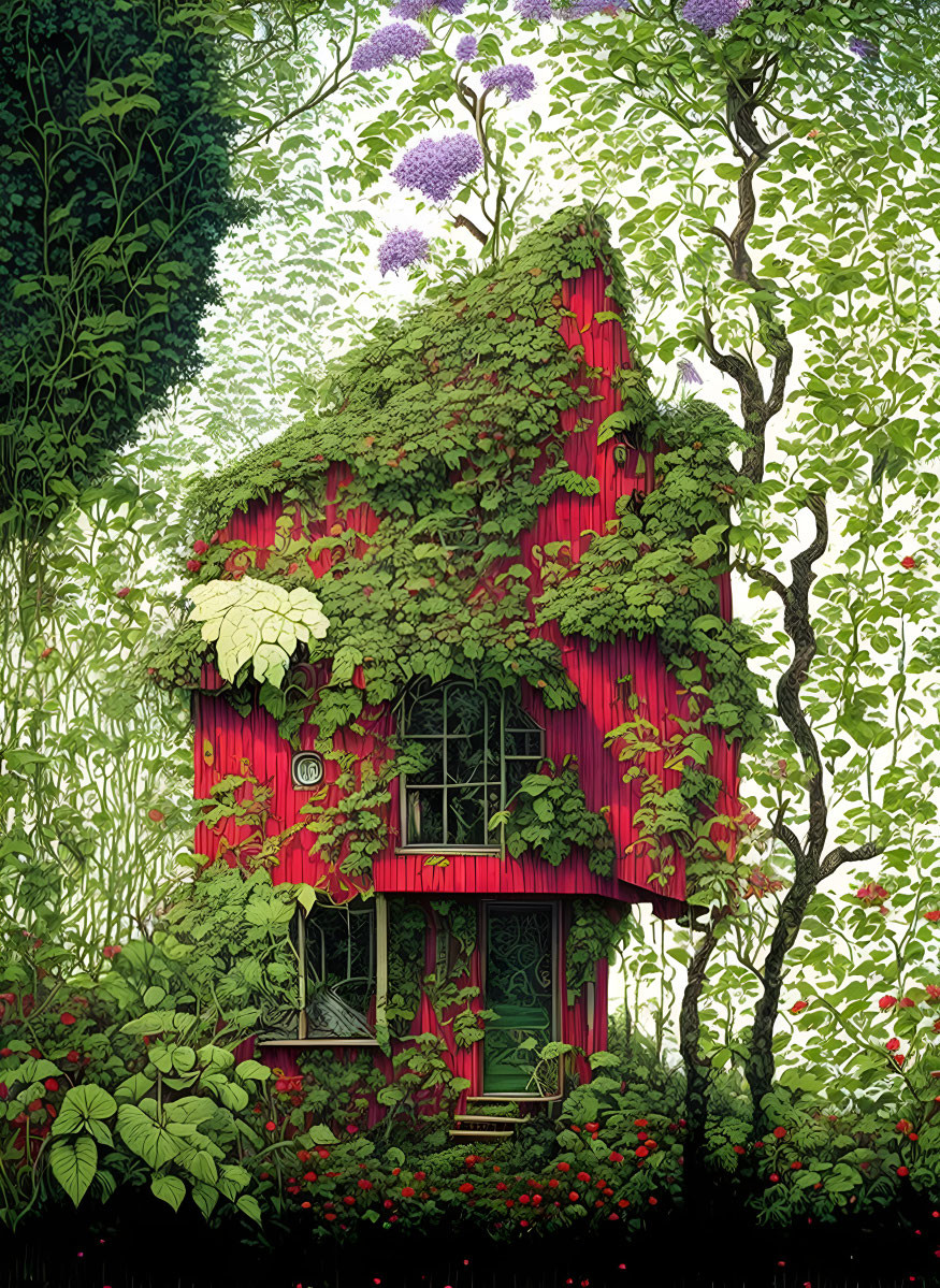 Red house surrounded by greenery and flowers with ivy and oversized blooms.