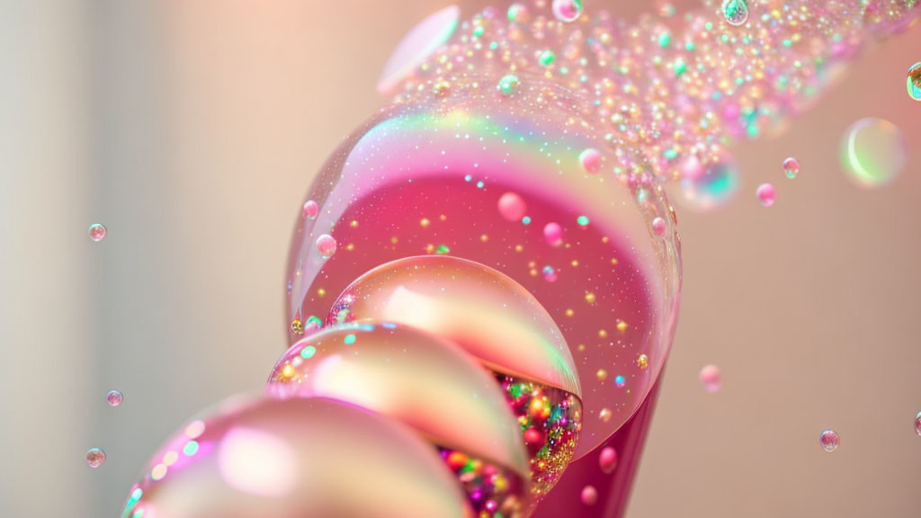 Iridescent pink and peach bubbles with glitter on soft background