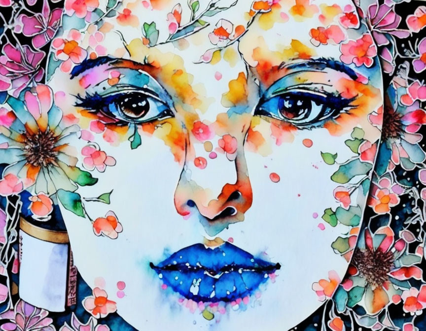 Vibrant floral patterns on a woman's face with expressive eyes and blue lips