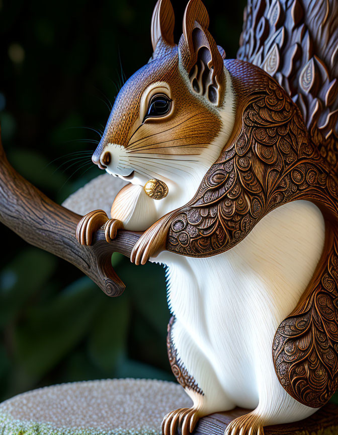 Detailed squirrel illustration with ornate fur patterns holding nut on tree branch