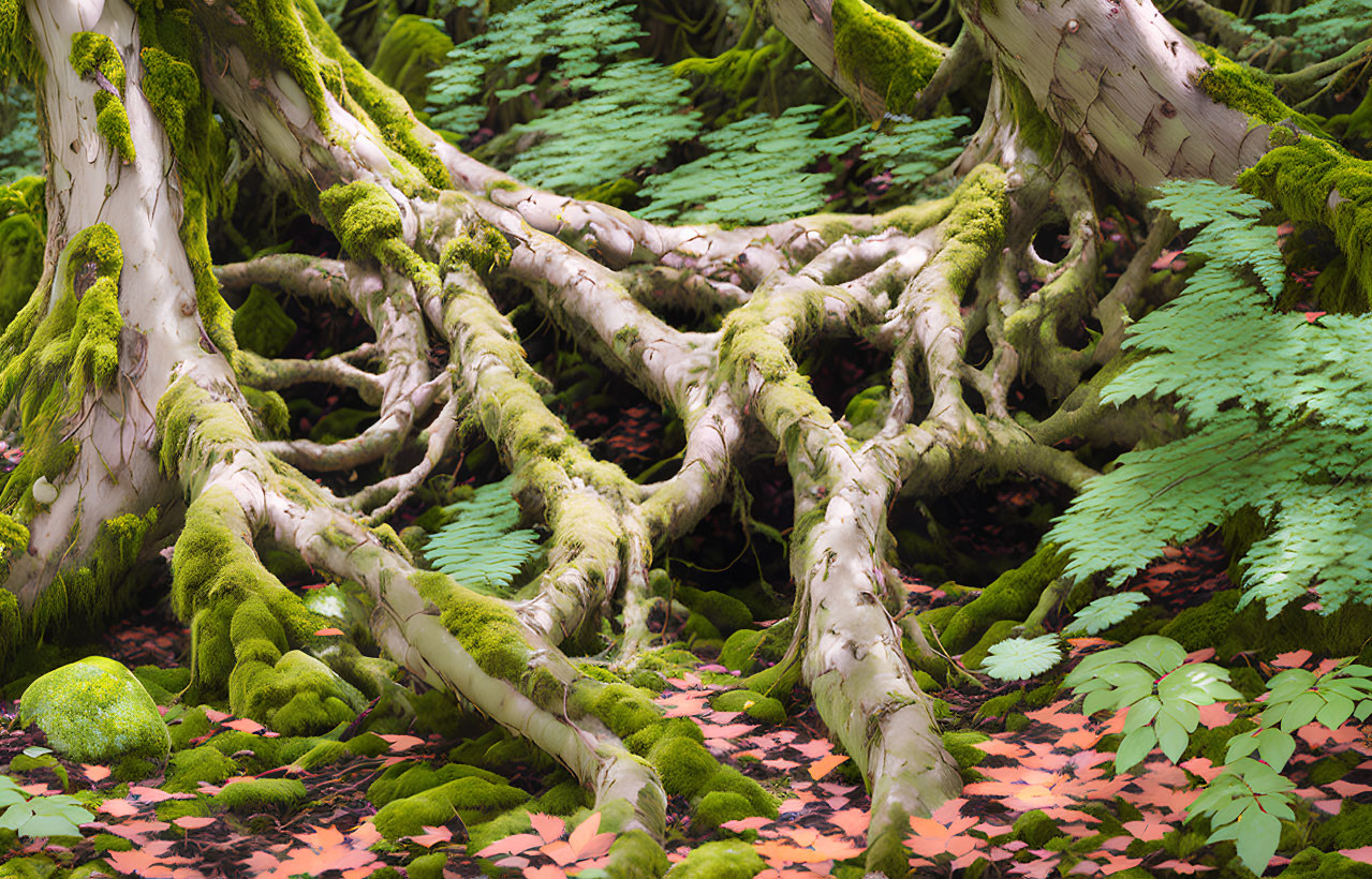 Green moss carpets tree roots with ferns and fallen leaves in nature scene.