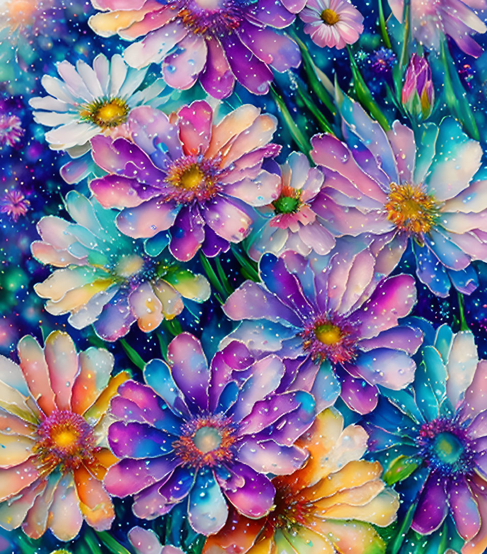 Colorful Flowers with Water Droplets on Glittery Celestial Background