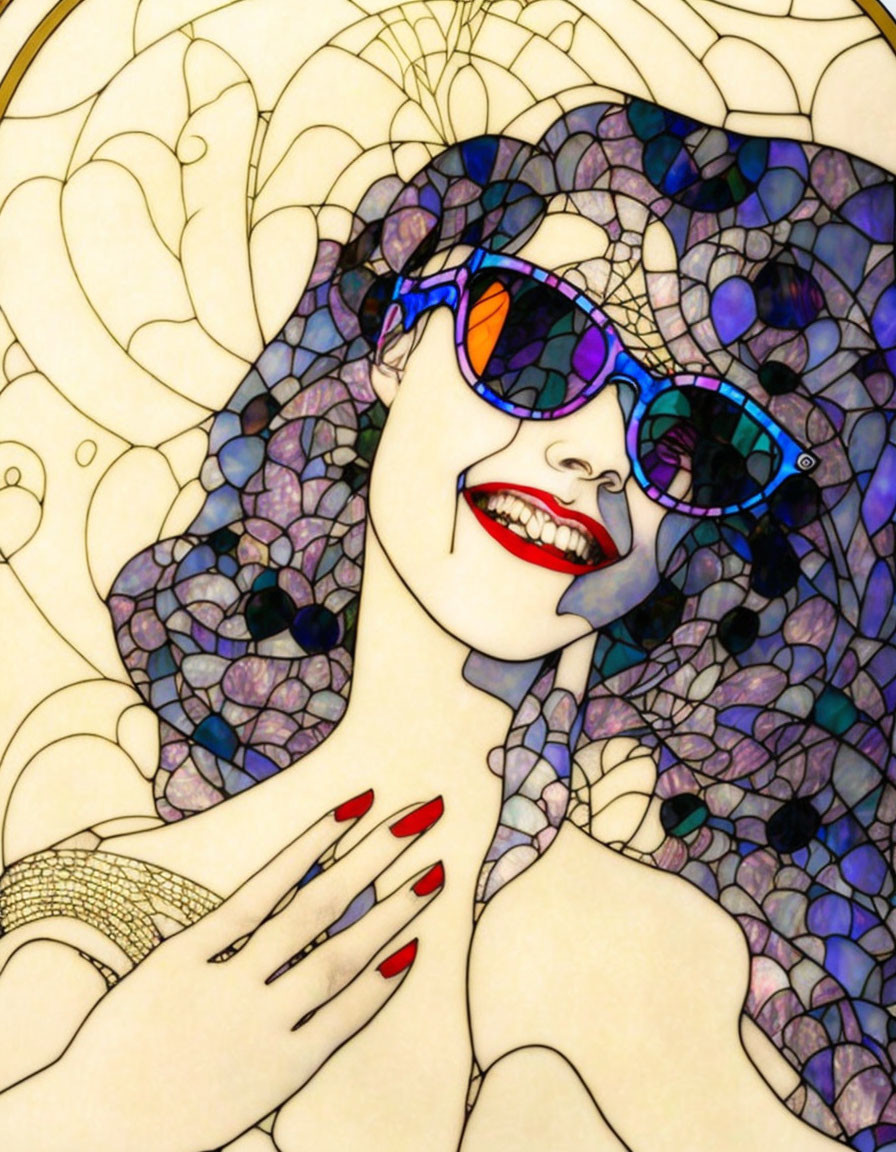 Colorful Sunglasses Woman Illustration with Red Lipstick and Mosaic Background