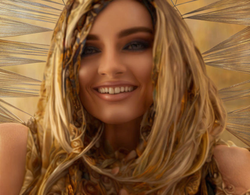 Woman with Scarf Smiling on Golden Background