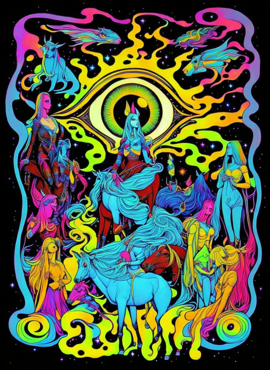 Vivid psychedelic art: elongated beings, horses, central eye, vibrant colors on black.