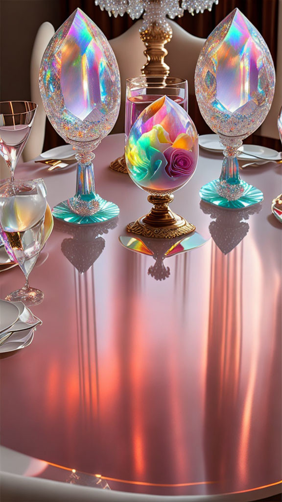 Iridescent Glassware with Rose Centerpiece on Pink Table