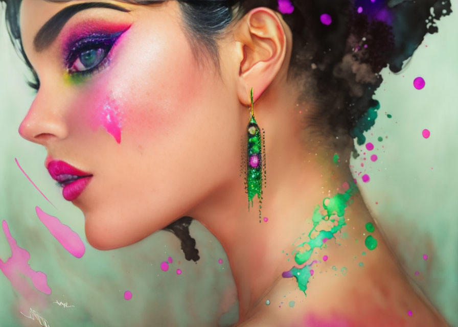 Vibrant pink eyeshadow and paint splashes on woman's face.