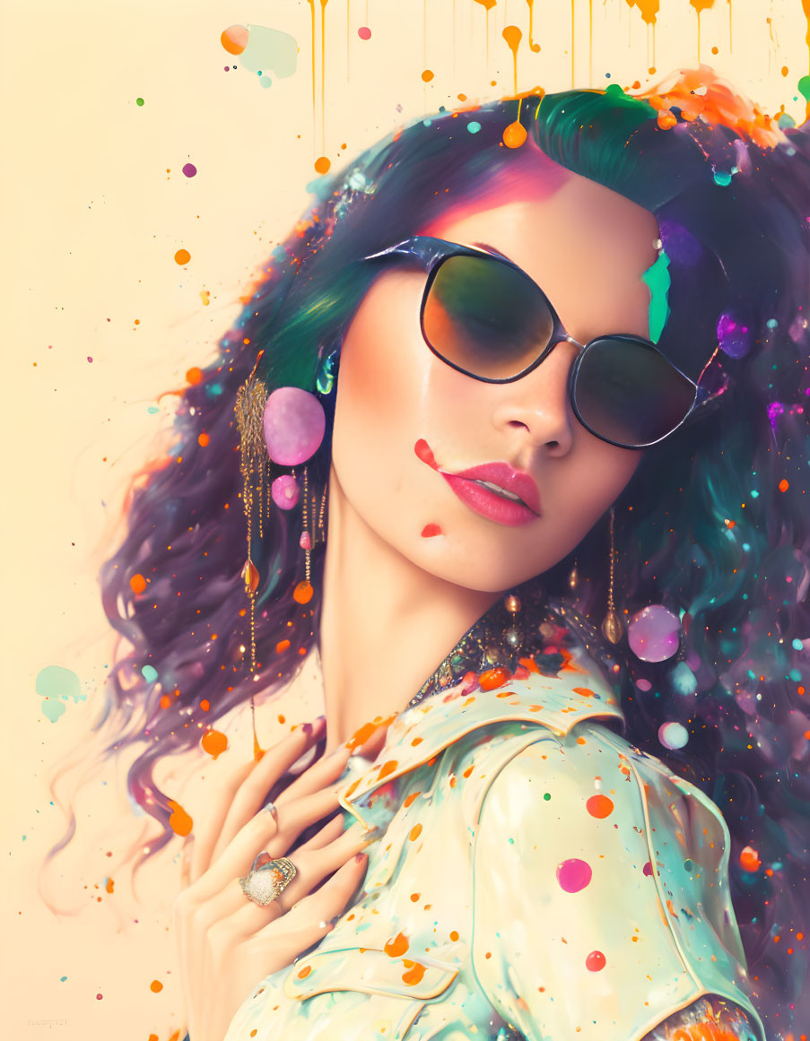 Stylized portrait of woman with wavy hair and sunglasses in vibrant paint splatter.