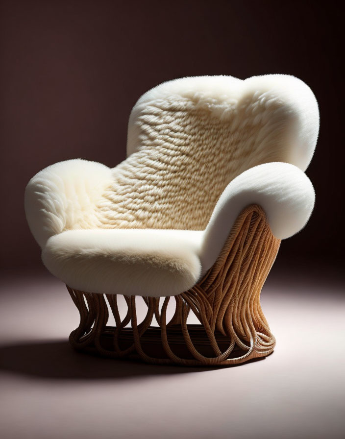 Cream-Colored Fur Upholstered Plush Chair with Brown Wooden Tendril Base