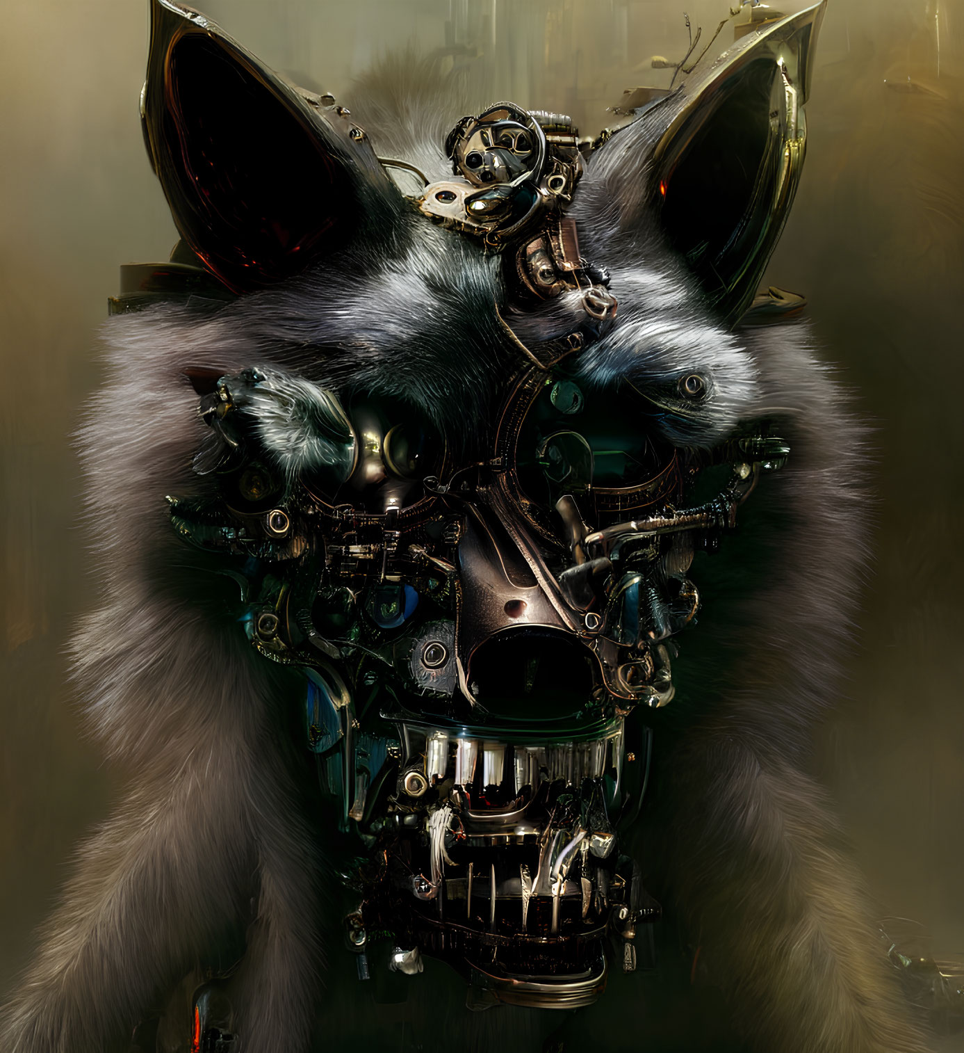 Hyper-realistic mechanized creature with fur and intricate mechanical parts.