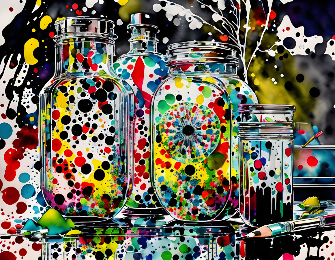 Colorful Paint-Filled Jars with Splashes and Paintbrushes on Speckled Backdrop