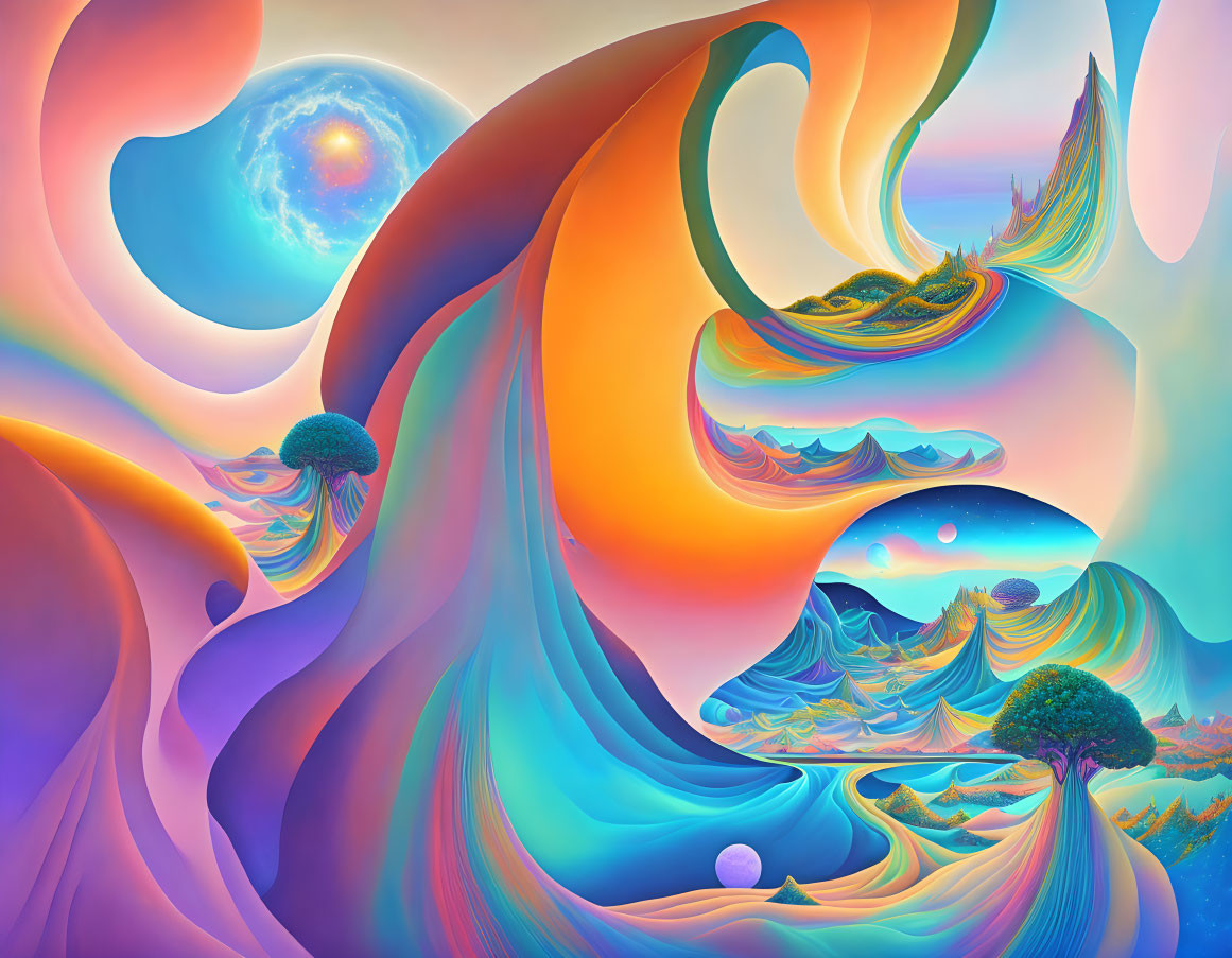 Colorful Psychedelic Landscape with Flowing Patterns and Spiraling Sky