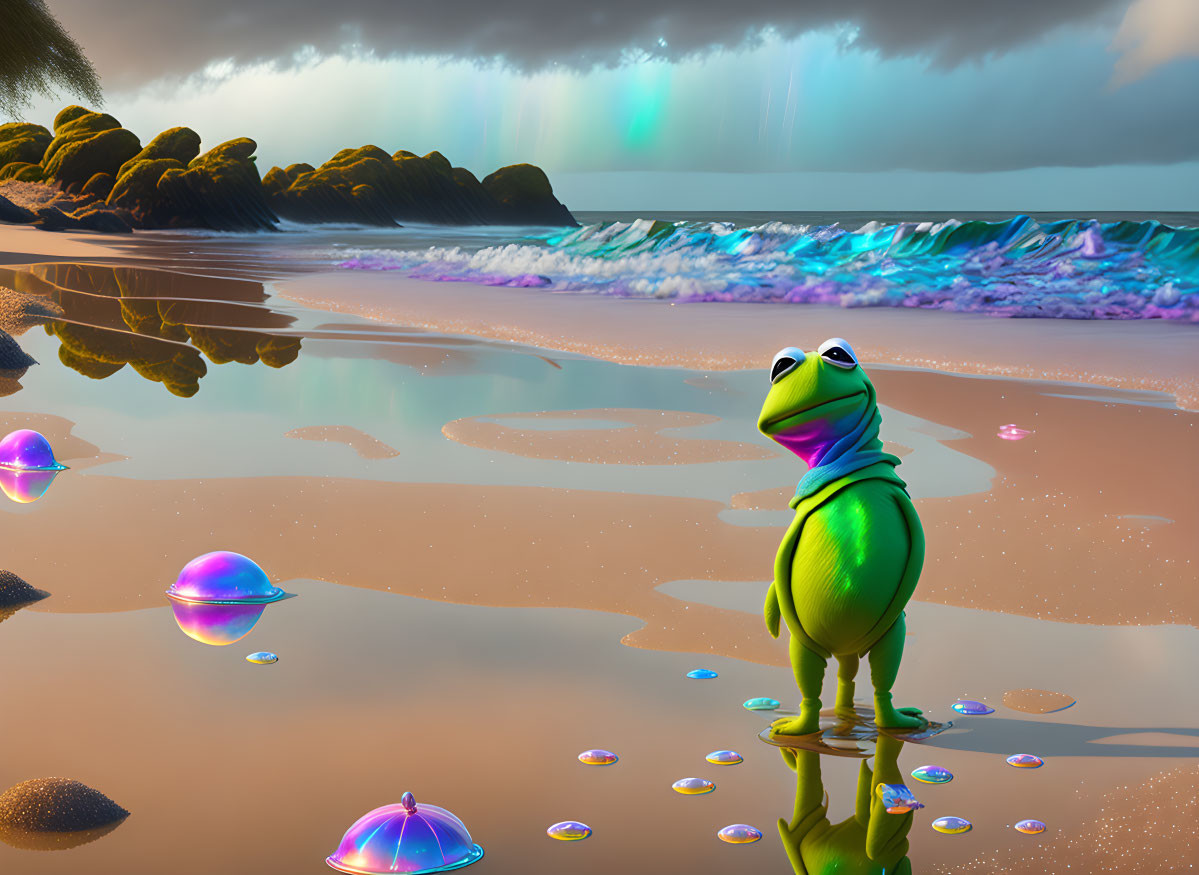 Colorful Cartoon Frog on Surreal Beach with Northern Lights