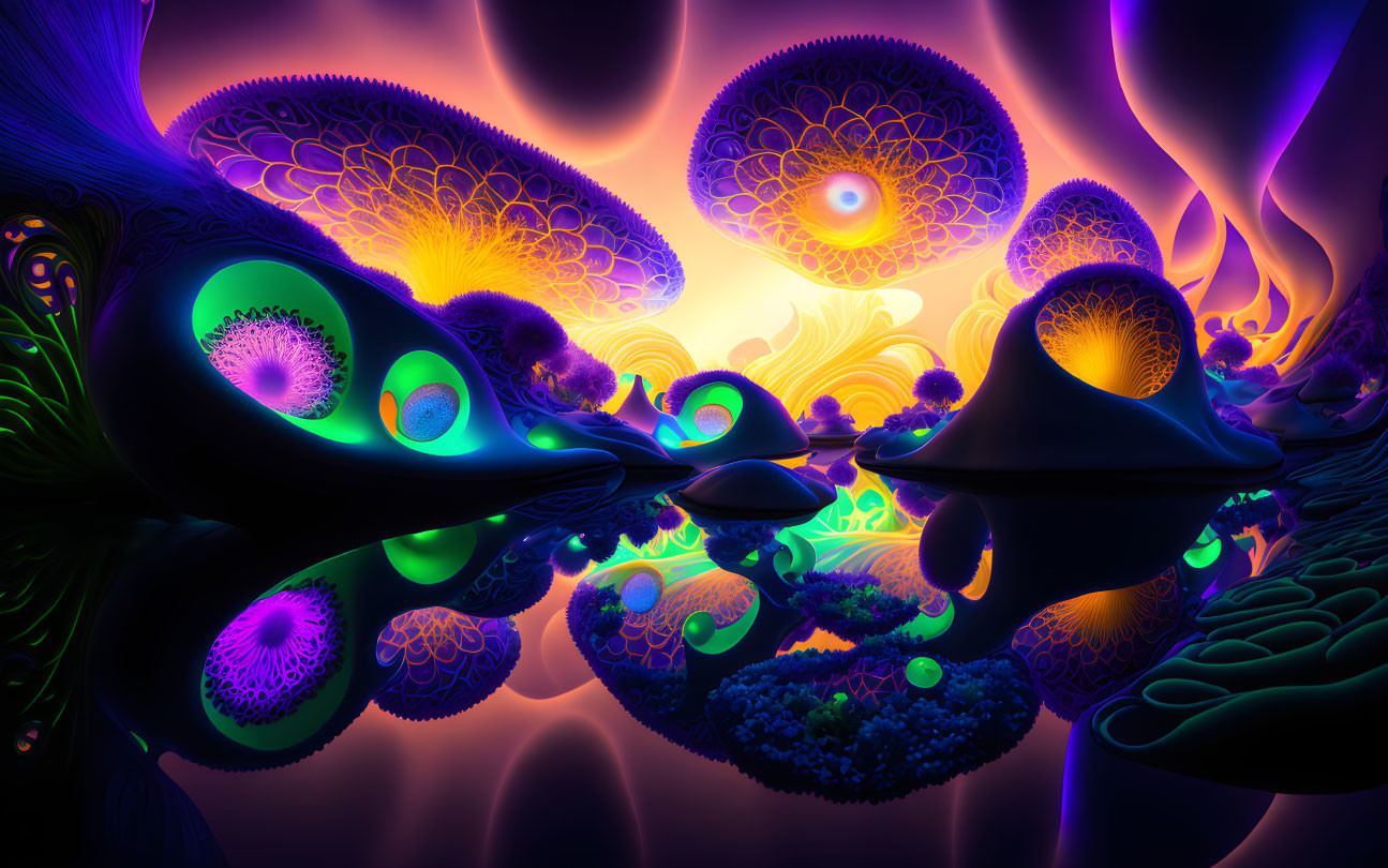 Psychedelic digital artwork: vibrant alien landscapes in purple and blue hues