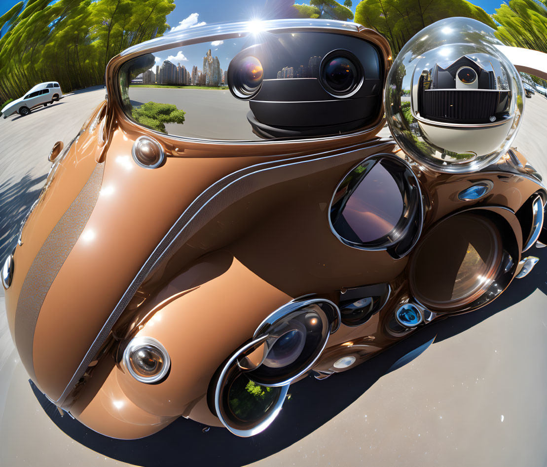 Shiny chocolate-brown car in fish-eye lens view