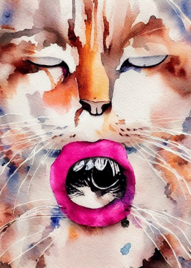 Cat face watercolor painting with abstract pink lips