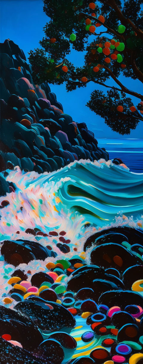 Surreal painting: Blue wave, rocks, night sky, fruit tree