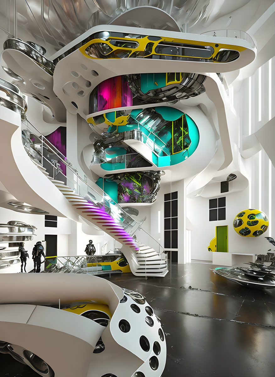 Vibrant futuristic interior design: organic shapes, suspended cars, spiral staircase, hanging gardens.