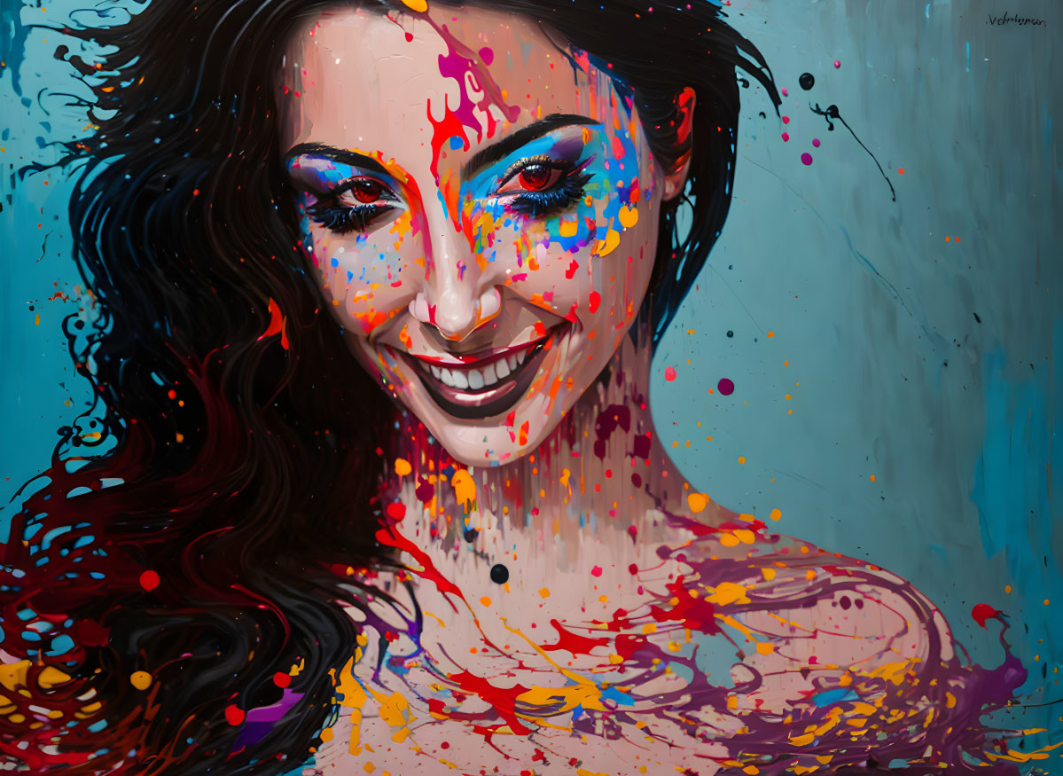 Colorful Paint Splatter Portrait of Smiling Woman