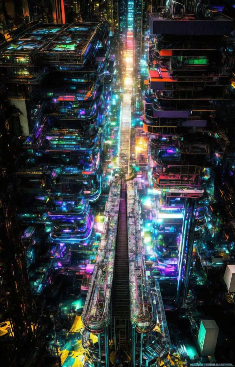 Neon-lit nighttime cityscape with bustling street