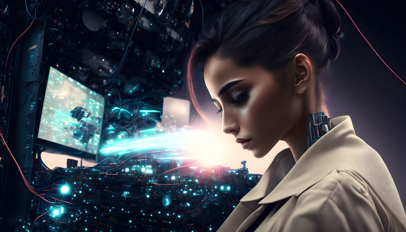 Futuristic digital artwork of a woman with cybernetic enhancements