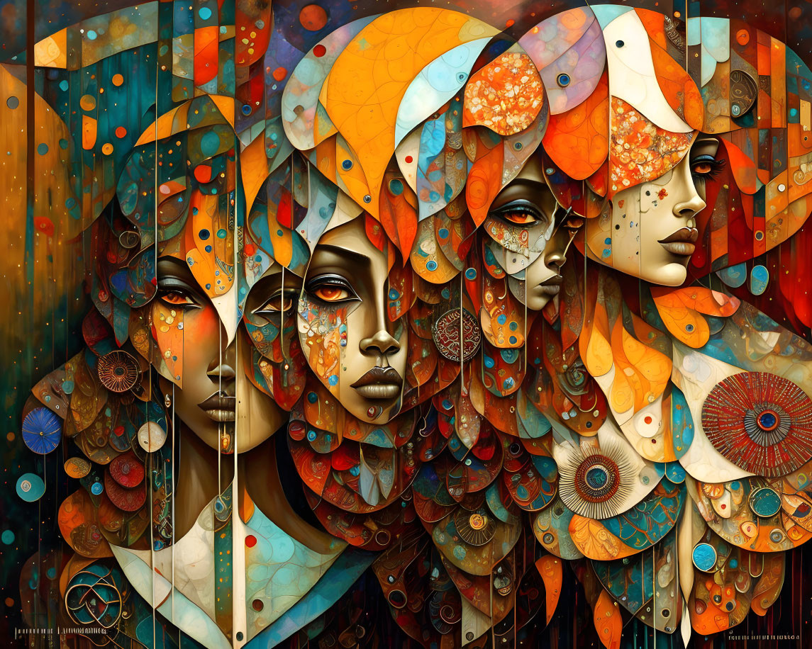 Digital artwork showcasing stylized female faces with autumnal colors and geometric patterns.