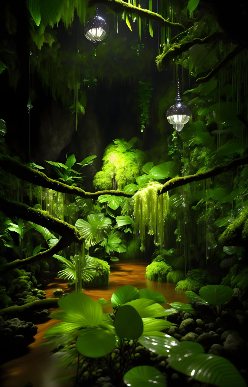 Mystical forest night scene with lush greenery and glowing lanterns