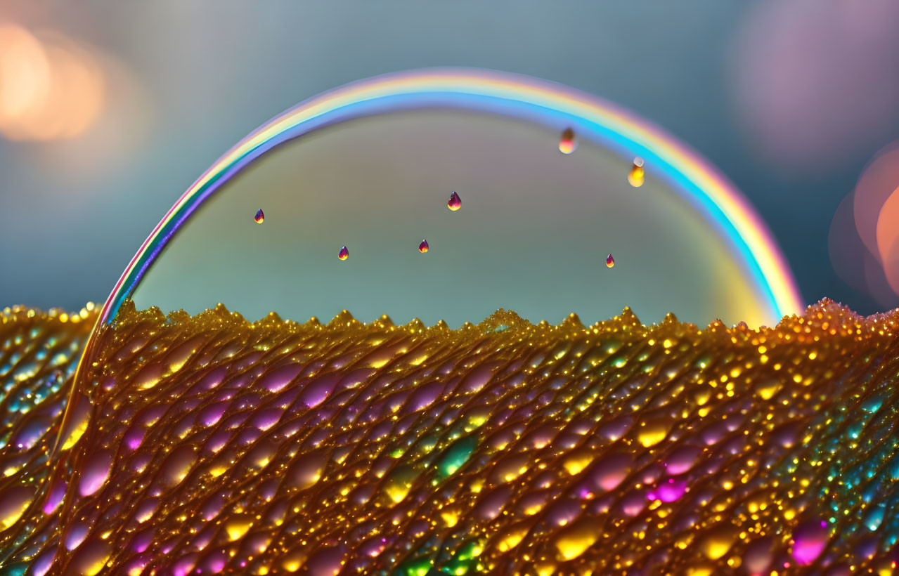 Rainbow reflection bubble on gold glitter with colorful bokeh.