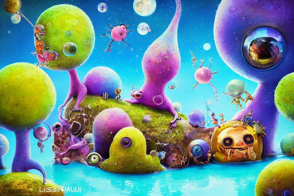 Colorful Fantasy Landscape with Whimsical Creatures and Bubbles