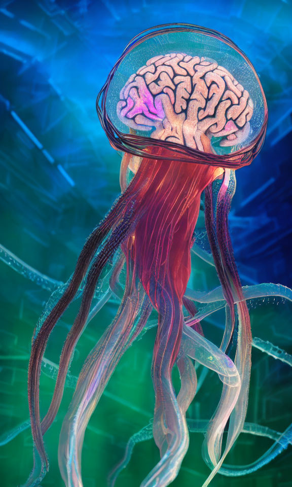 Digital artwork: Jellyfish with human brain in transparent bell, blue watery background.