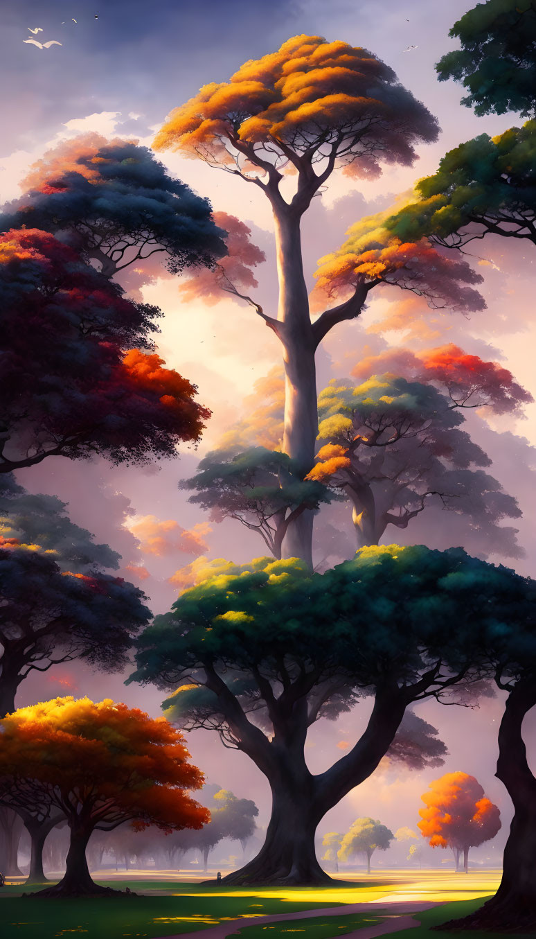 Tranquil forest landscape with tall, majestic trees and colorful foliage at sunrise