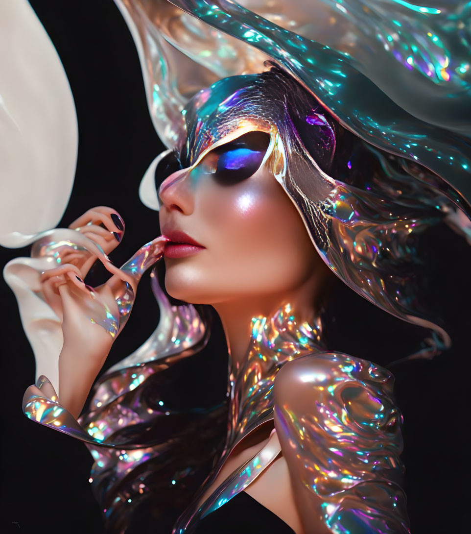 Metallic iridescent attire and makeup on a person against black background