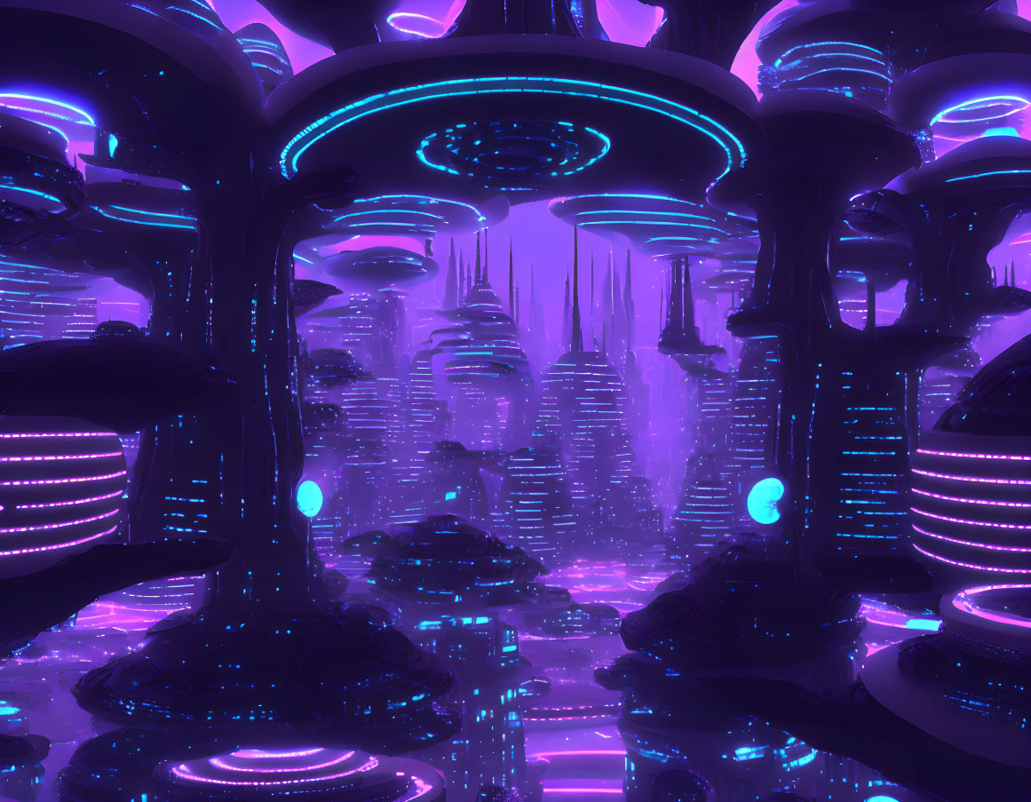 Futuristic neon cityscape with towering mushroom-like structures