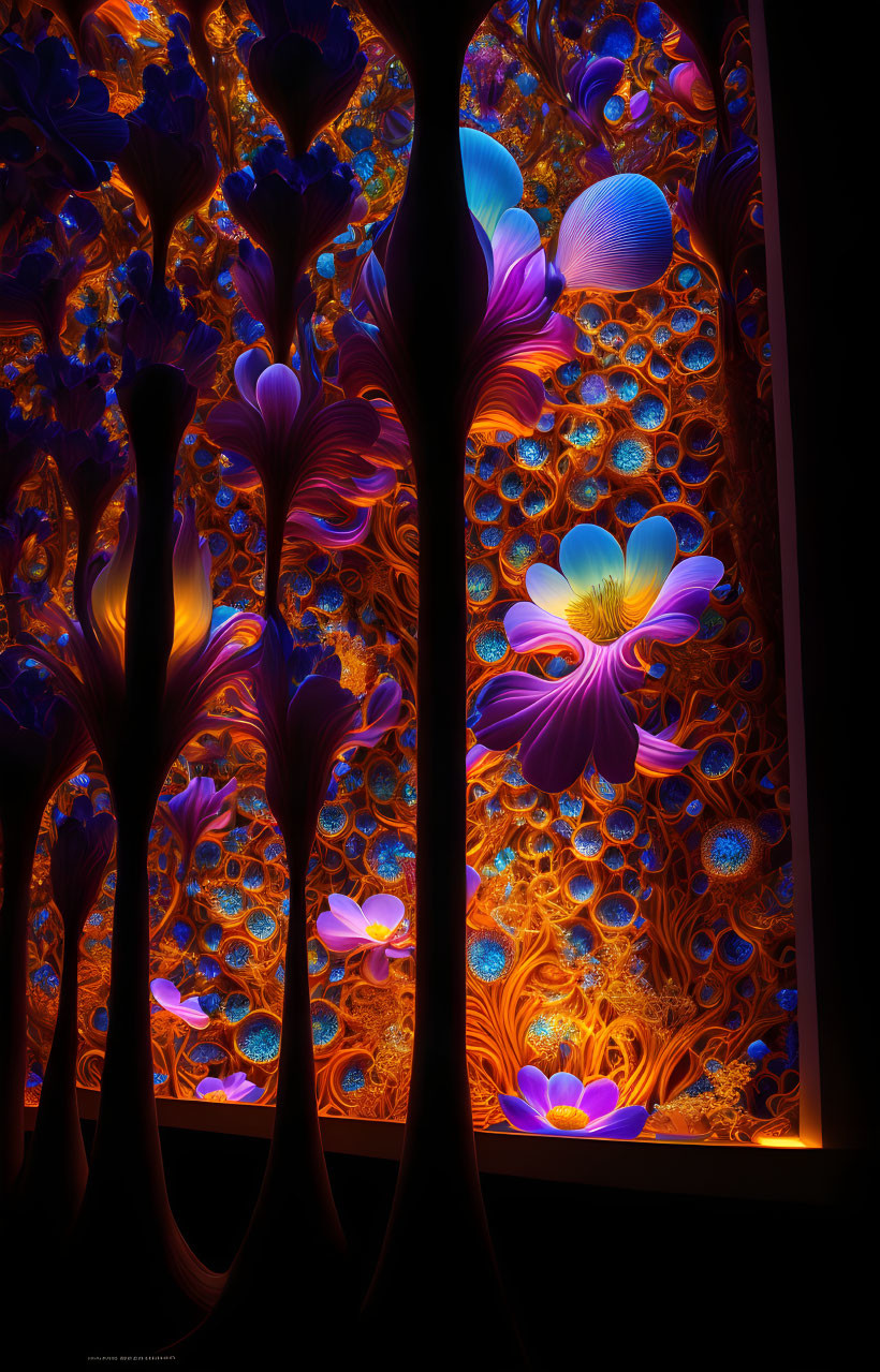 Surreal trees and flowers in vibrant digital art with glowing patterns